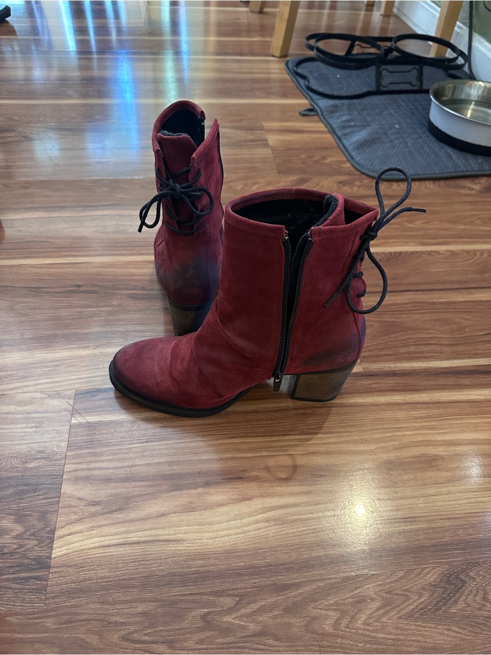 Women's Burgundy Suede Ankle Boots with Side Zip and Lace-Back Detail